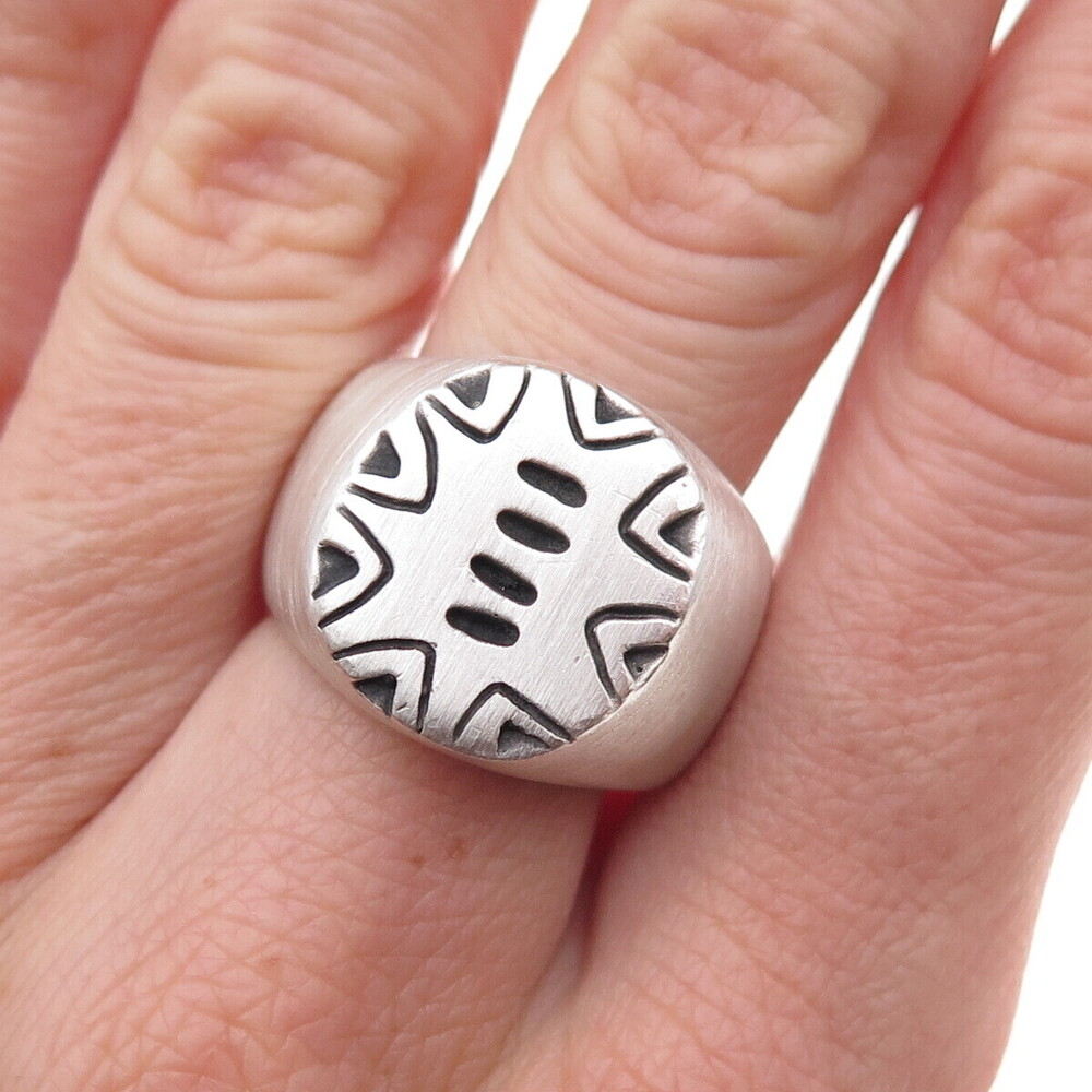 Lisa Jenks 925 Sterling Silver Vintage Modernist Oxidized Signet Ring Size 8.25